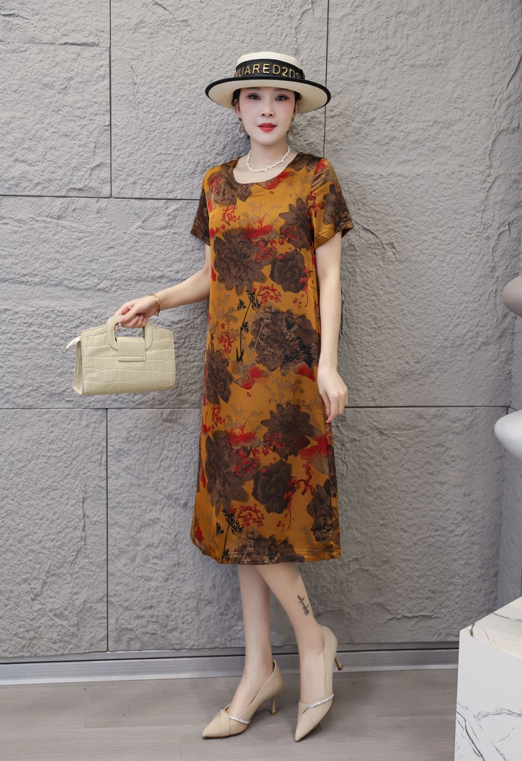 【阿芝专属】9647-夏季领中长款重磅气质水墨画连衣裙女（F仓）