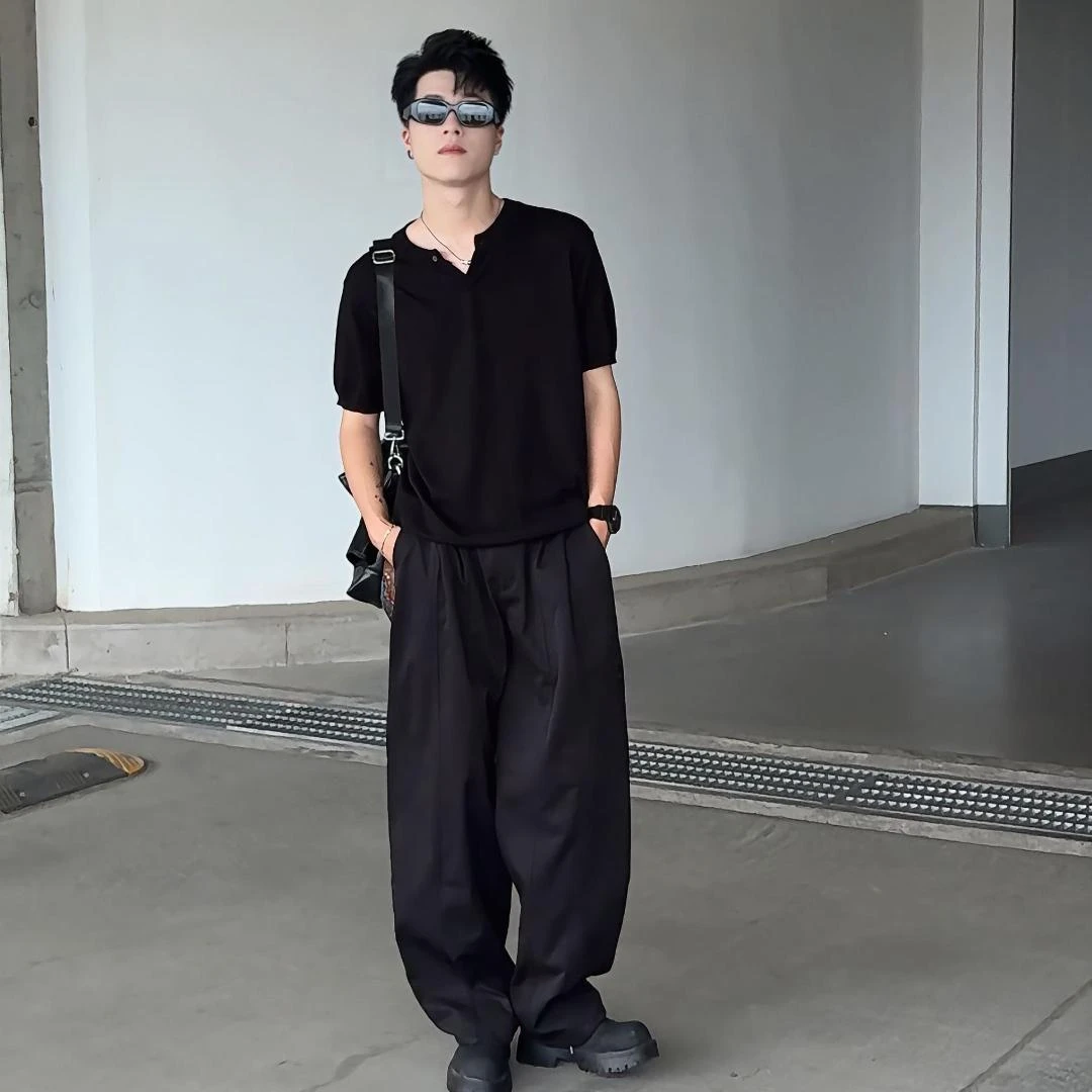 WNBV 裤子男2025秋季新款宽松潮流百搭拼接弯刀休闲阔腿长裤