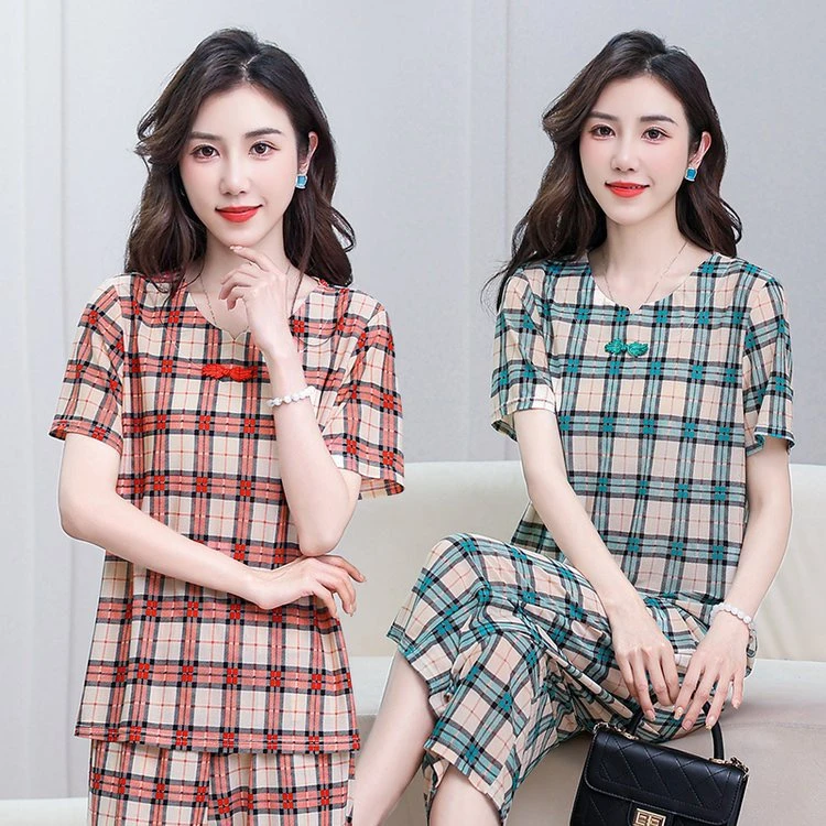 2025夏季新款圆领宽松显瘦经典格子中老年妈妈休闲套装