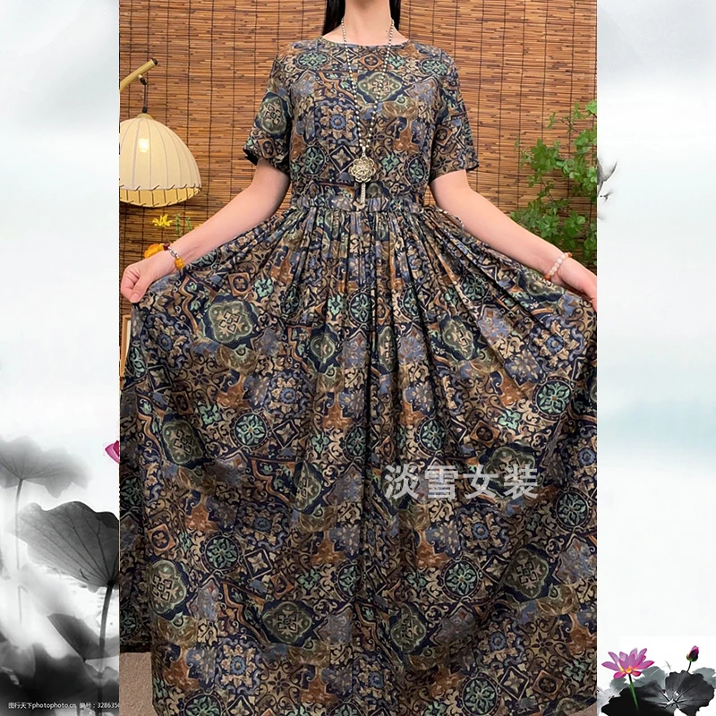 连衣裙夏季时尚洋气衣服女装短袖复古收腰长款抽绳显瘦大摆裙子