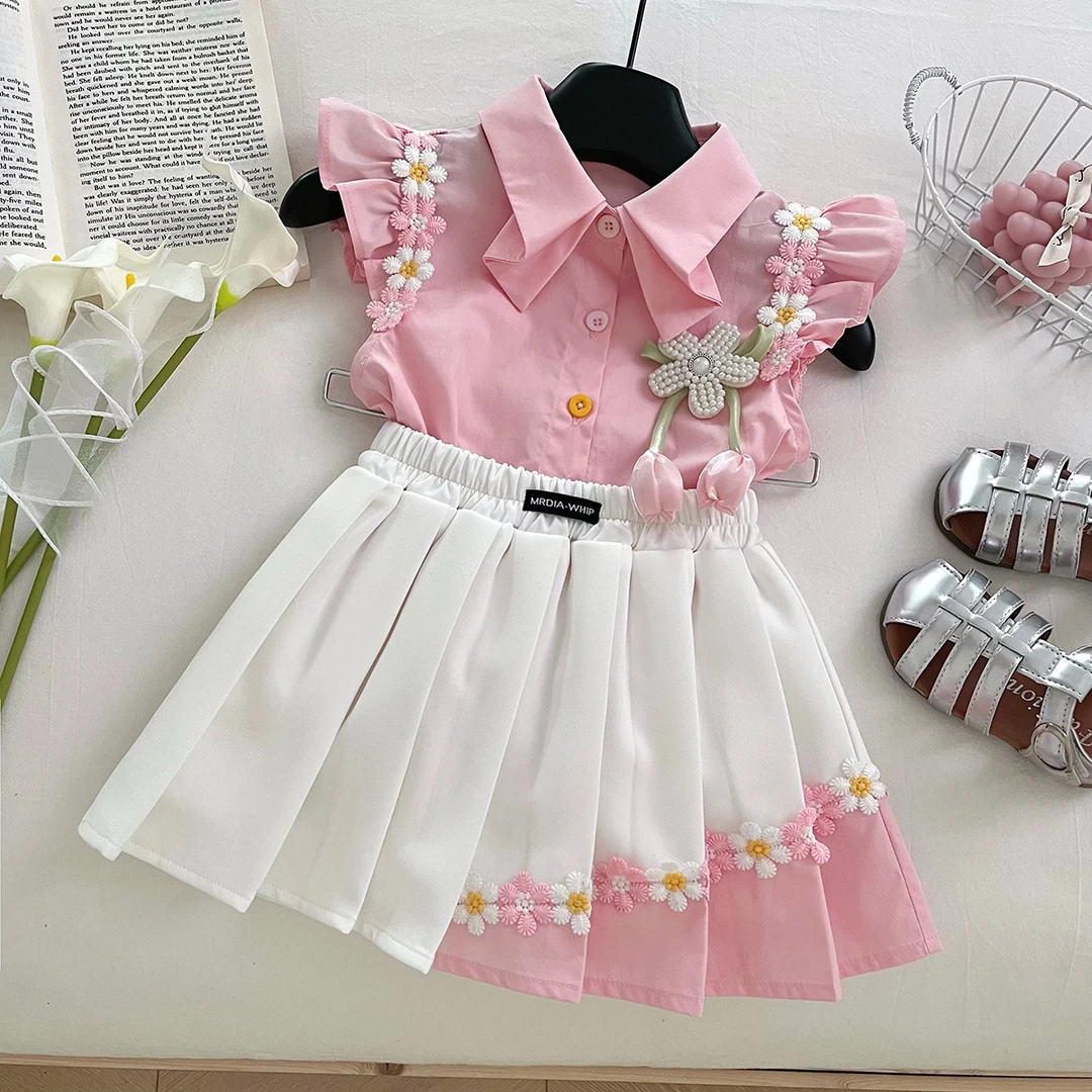 【甜茶】女童夏季学院风套装衬衫领两件套女宝校服百褶裙S17405