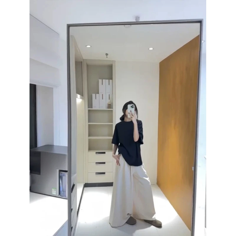 2025秋季新款时尚简约宽松百搭纯色短袖T恤上衣高腰休闲阔腿裤女