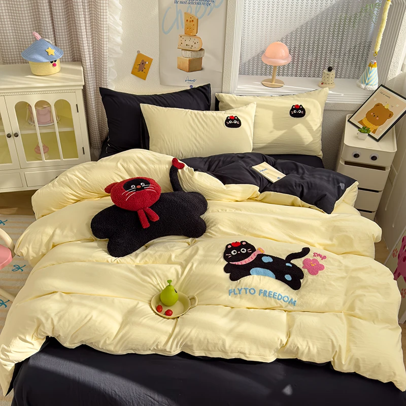2025可爱卡通毛巾绣四件套女孩宿舍单人绣花磨毛床上三件套（YH）