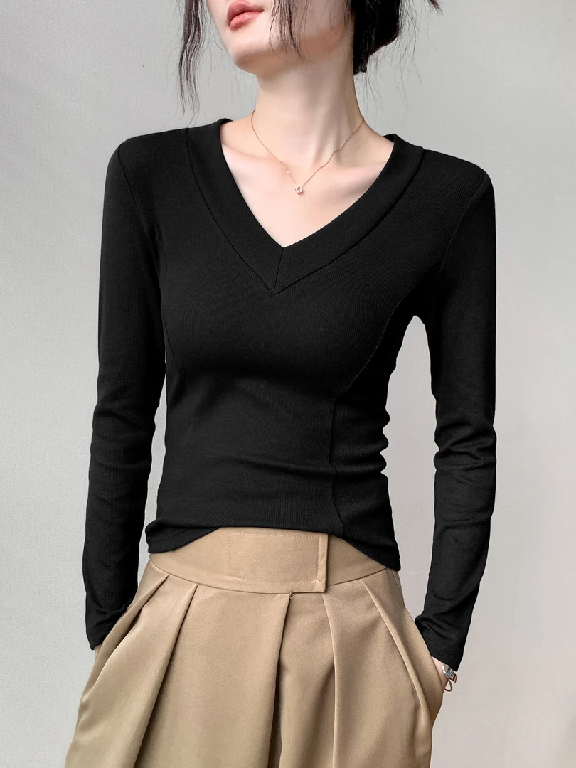 2025秋季新款修身正肩深V领长袖T恤琥珀流光风内搭春秋打底衫上衣