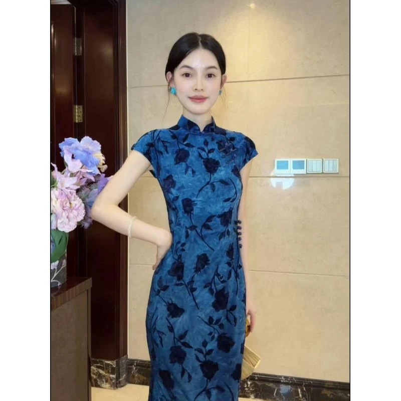 蓝初）125cm蓝色后背拉链冰丝植绒旗袍新款日常修身显瘦气质