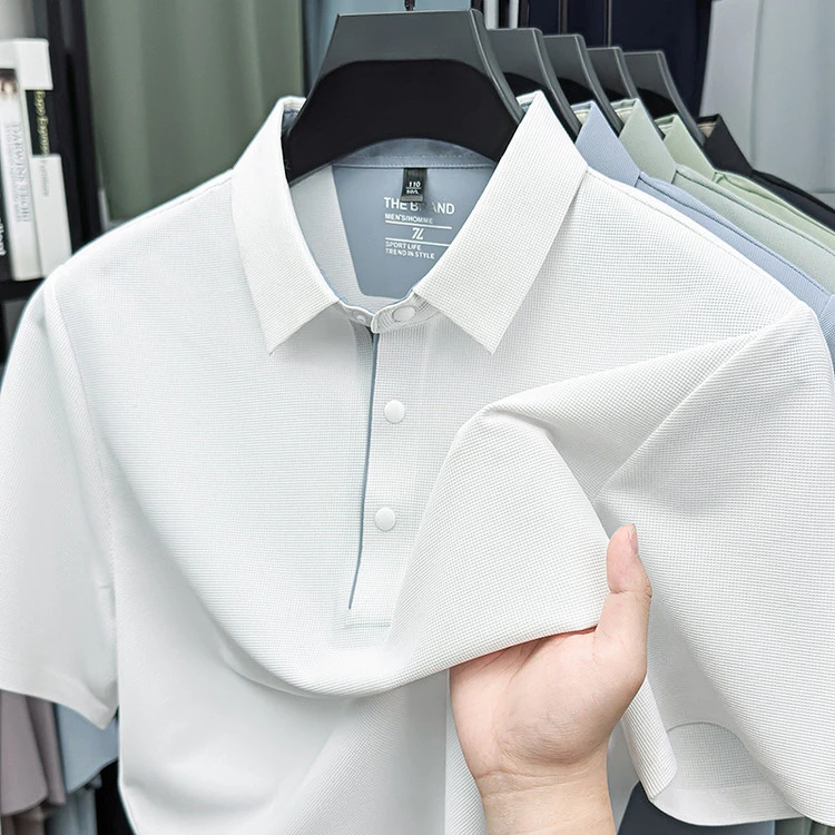 2025夏季下摆开叉冰丝无痕男士短袖POLO衫高支暗扣半袖T恤男装