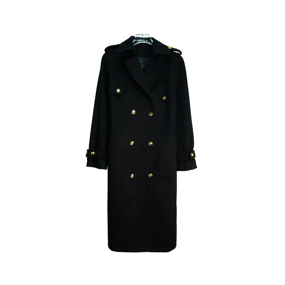 E8962【新款】韩式翻领金属双扣收腰防风气质黑色大衣外套3D