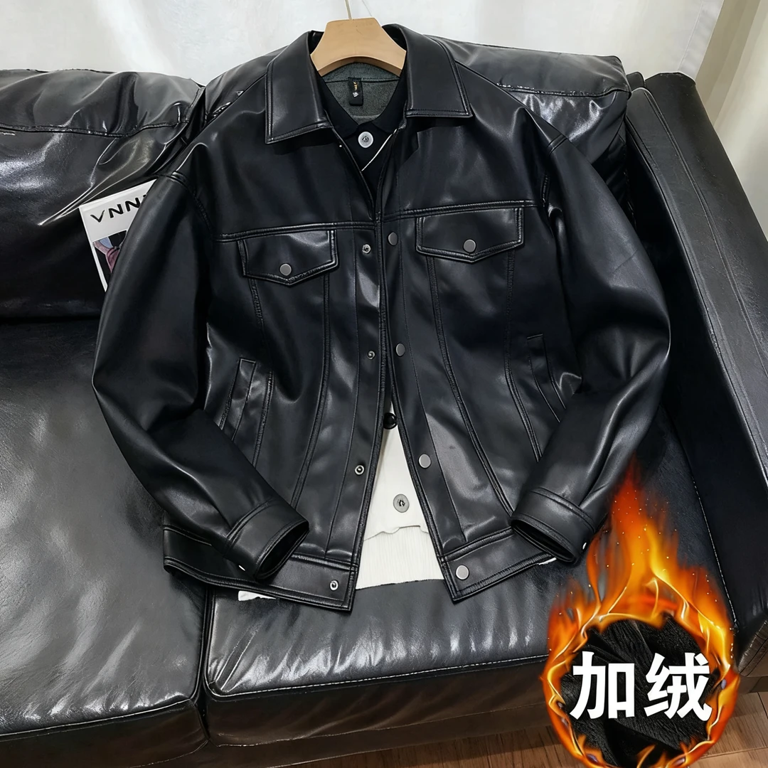 秋冬新款男士皮衣韩版潮流休闲修身翻领加绒加厚机车皮夹克外套男