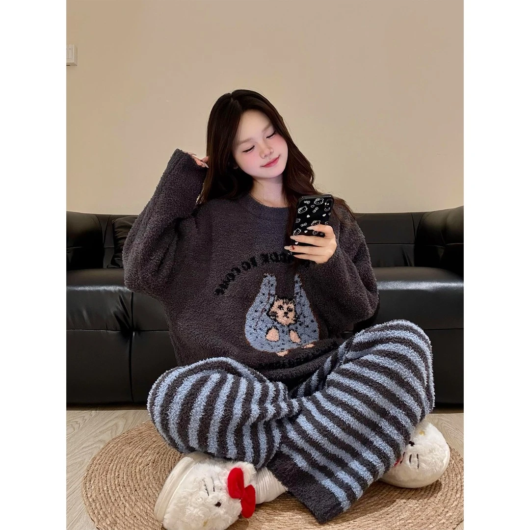 【DMXJ大梦想家】温柔可爱卡通半边绒睡衣女秋冬季新款保暖家居套装