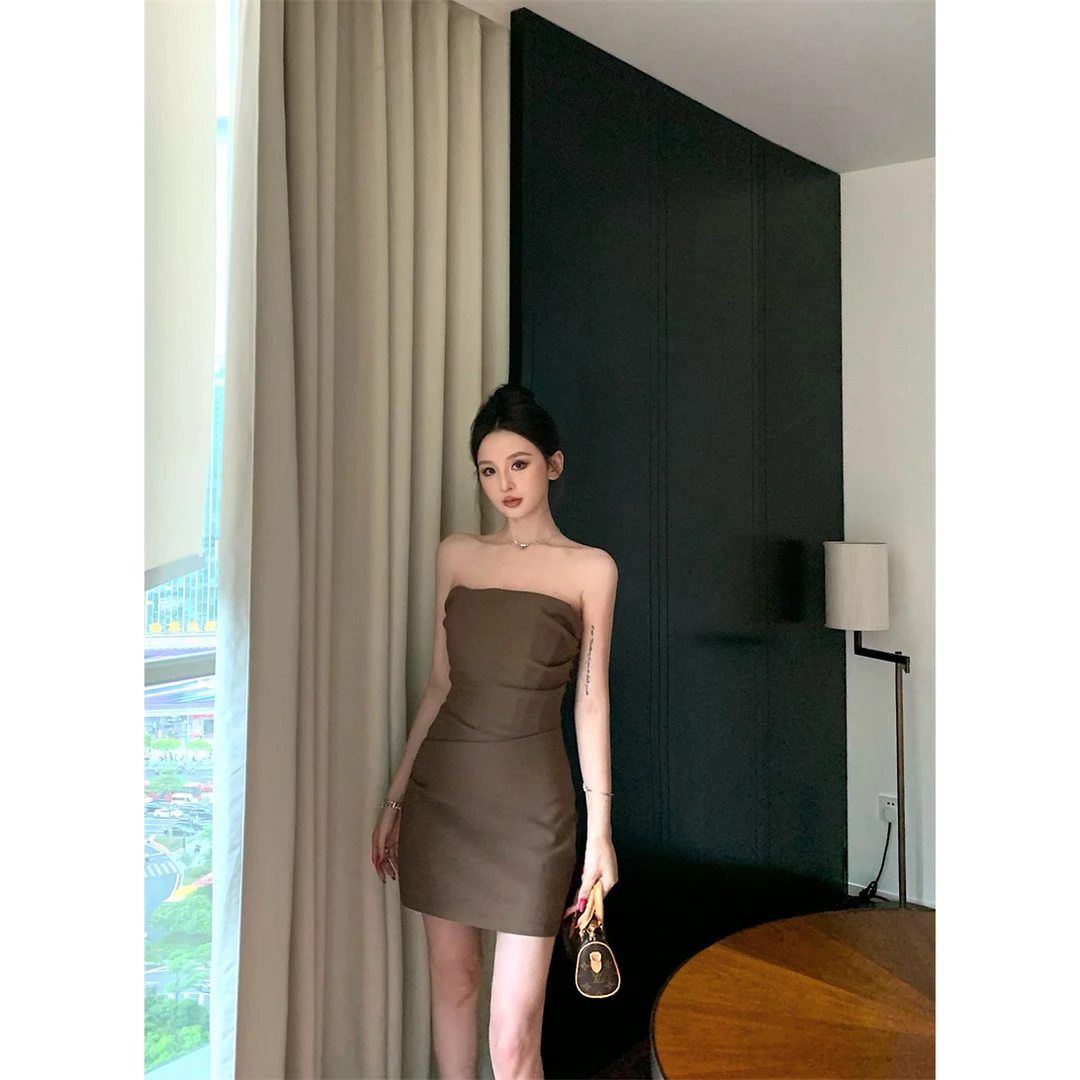 褶皱修身肯豆收腰抹胸款连衣包臀裙#8219