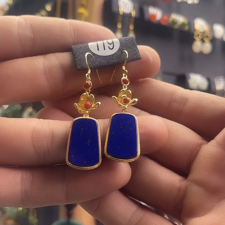 一***阳青金石银S925镀金镶嵌耳饰青金石