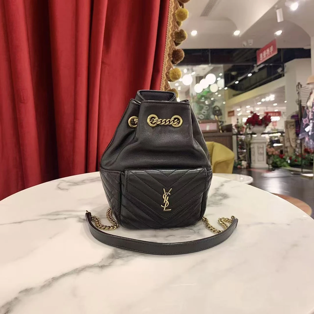 95新 YSL/圣罗兰 GGS圣罗兰Joe水桶包mini黑金羊皮81969356