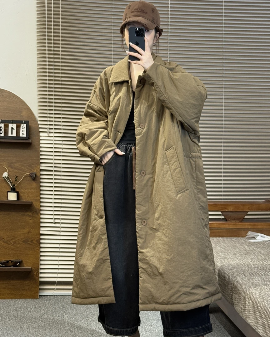 芊米鑫~2025秋冬长款过膝收腰系带宽松韩版休闲百搭显瘦棉服