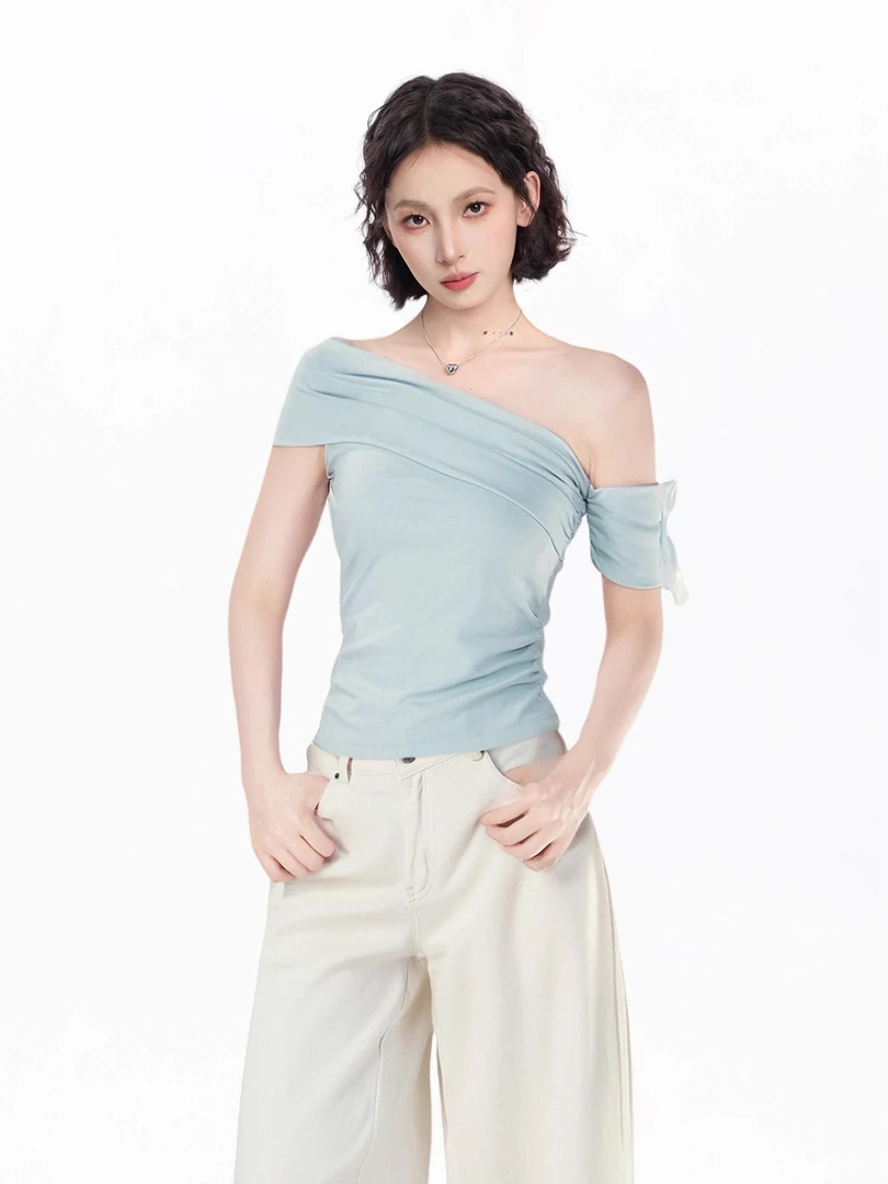 春夏气质甜酷设计感斜肩绑带褶皱收腰显瘦短袖T恤女款