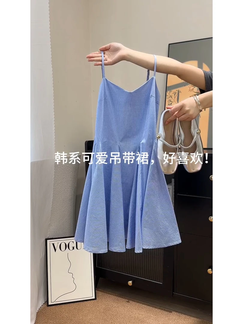 蓝色法式收腰显瘦无袖吊带背心连衣裙女2025夏季设计感显白短裙