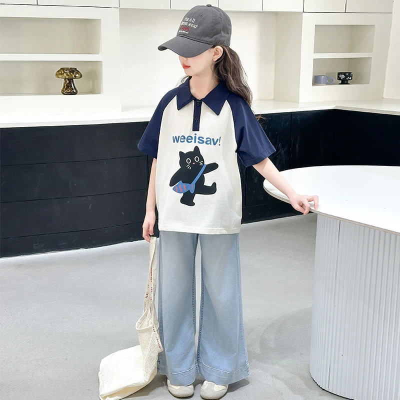 女童卡通插肩袖polo衫短袖t恤+浅蓝色牛仔直筒裤夏装薄款时尚休闲