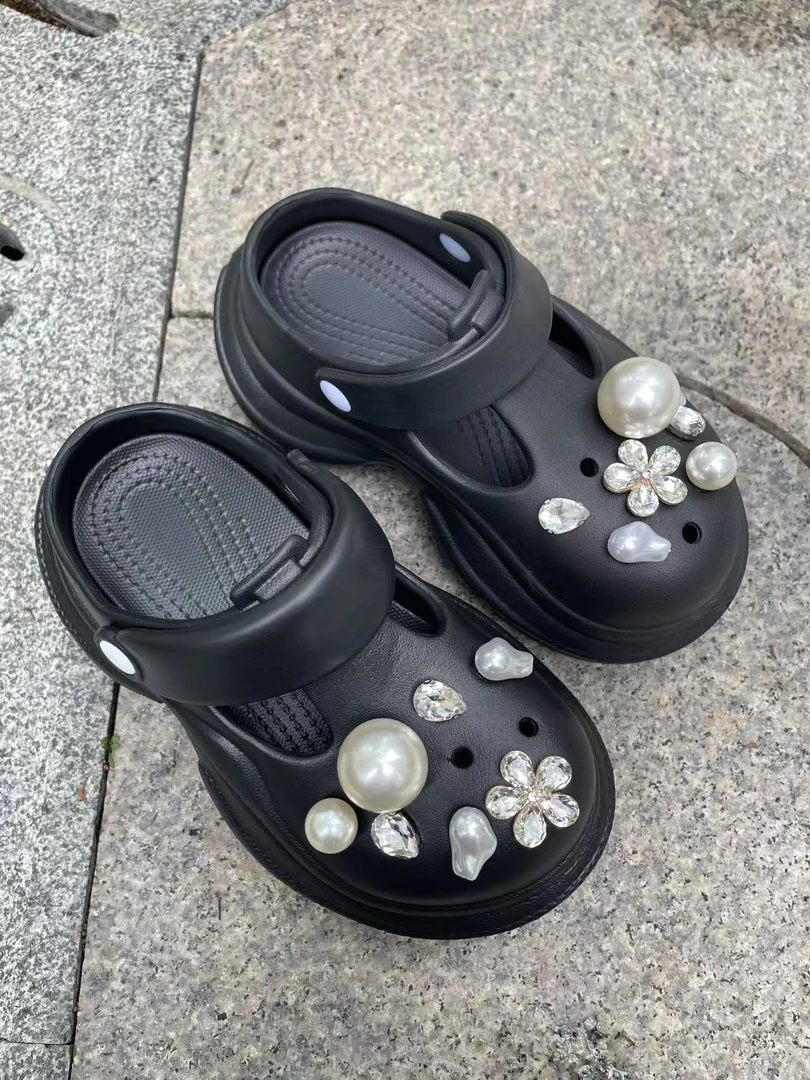 水钻黑色包头拖鞋夏季洞洞鞋高跟珍珠款