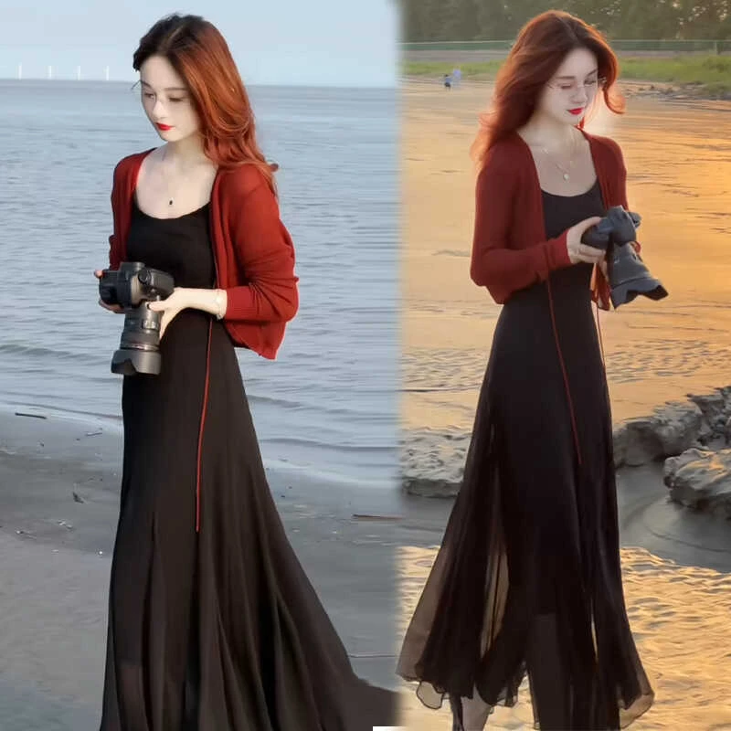 连衣裙女2024夏季新款时髦洋气薄款冰丝针织外披吊带裙气质两件套