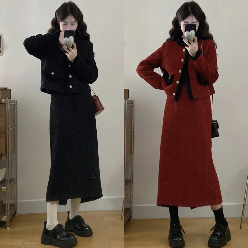 大码胖mm女装秋冬新款气质秋冬亮片小香风外套+半身裙两件套装女