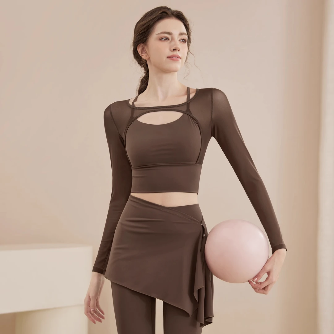 lulu瑜伽服女秋冬款网纱长袖显瘦运动上衣普拉提高级感健身服套装