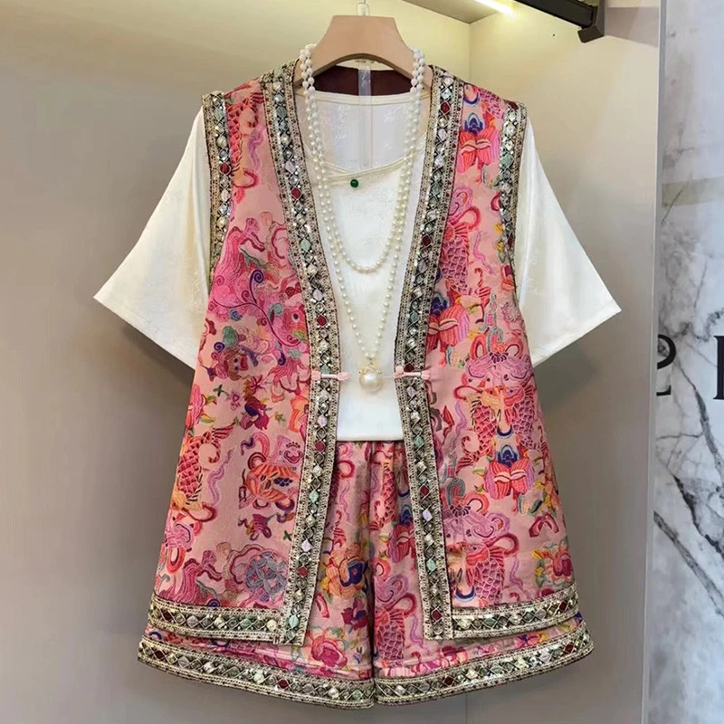 大码国风高级感时尚套装女胖mm重工印花马甲半袖上衣短裤三件套夏