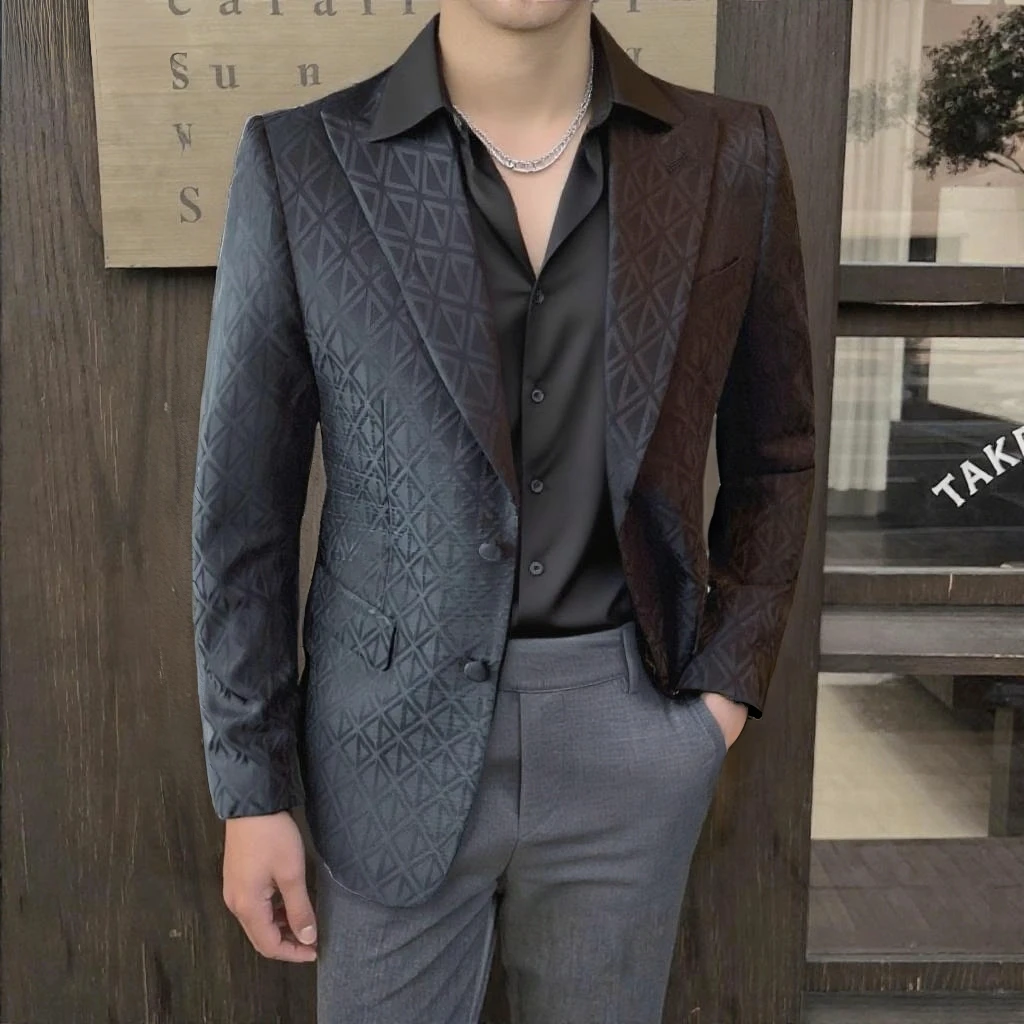 秋冬男士印花西服痞帅单西修身挺阔商务休闲正装礼服时尚绅士西装