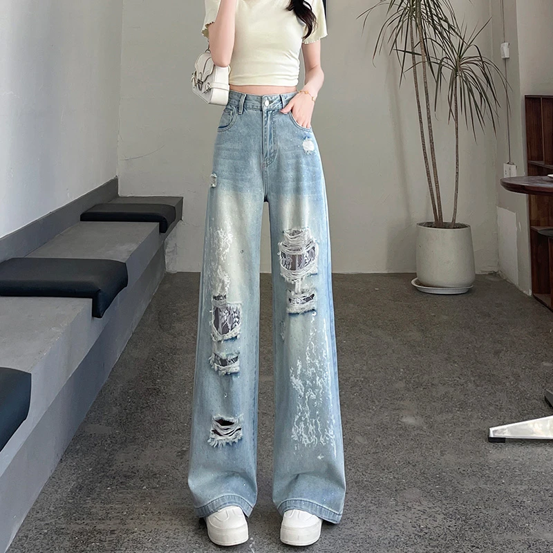 蜜蜜穿搭破洞蕾丝闪钻阔腿牛仔裤女2025夏季高级感烫钻直筒拖地裤