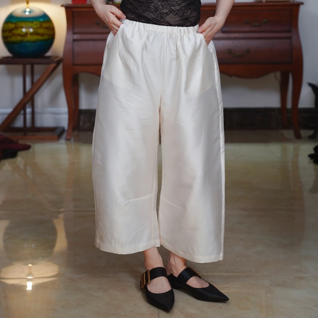 『玉霄』复古中国风丝毛纯色气质松紧腰八分镰刀裤-P4K6440