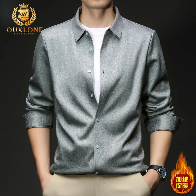 OUXLDNE 男士翻领长袖衬衫秋冬新款加绒保暖寸衫商务免烫潮流衬衣