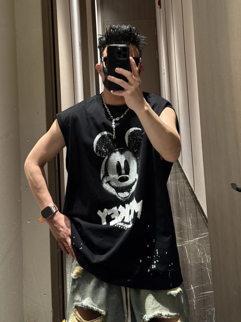 金先生夏季重磅纯棉T恤男ins韩版卡通米奇印花宽松坎袖背心