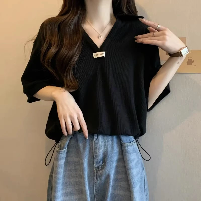 大码女装遮肚子polo领短袖t恤女显瘦百搭夏季胖妹妹抽绳短款上衣