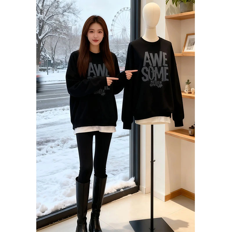 兹伊翰【凛冬将至】宽松假两件拼接卫衣女2025冬季新款遮肉显瘦上衣