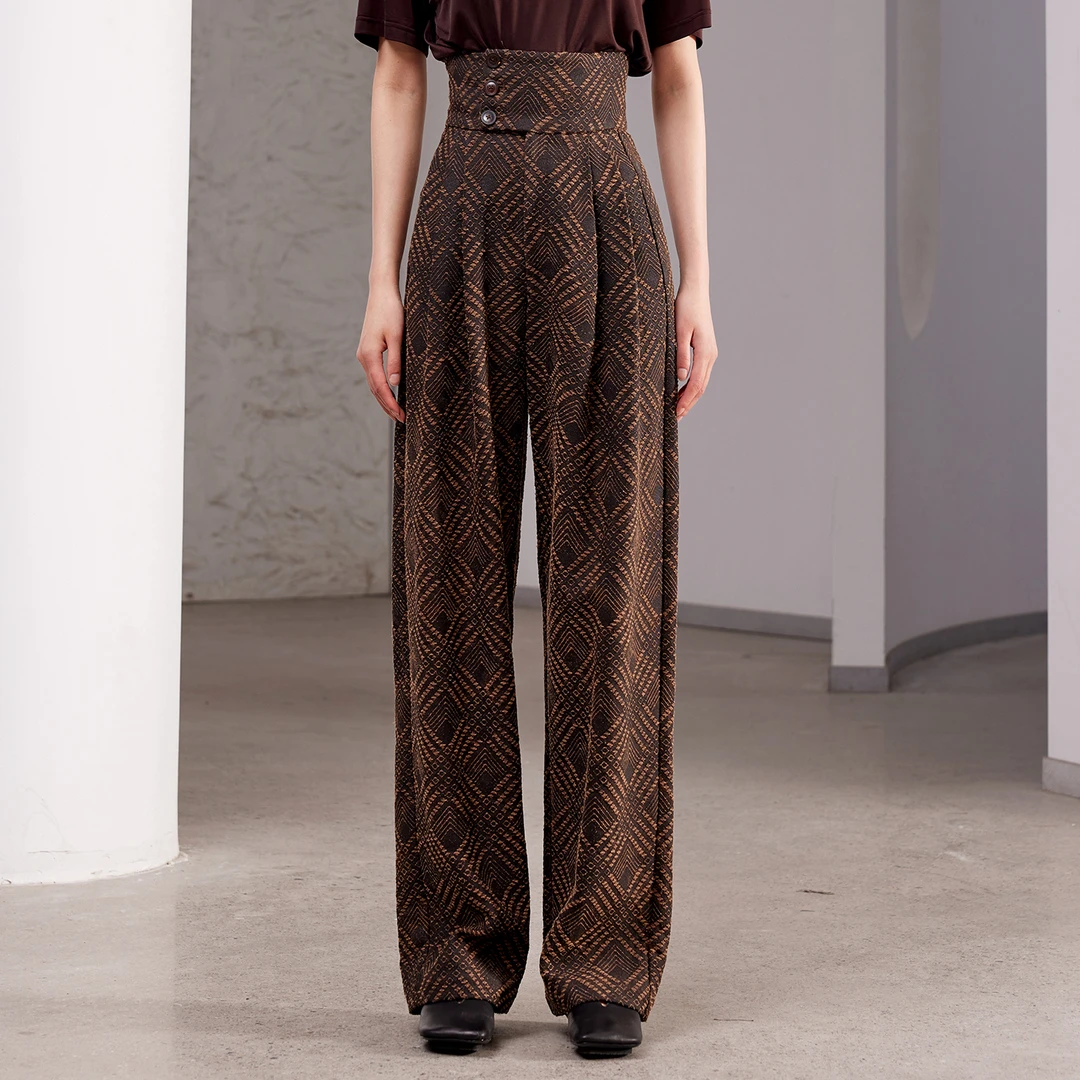 小江专属×界内界外 高腰格纹束腰显瘦香云纱直筒裤长裤J41K112X