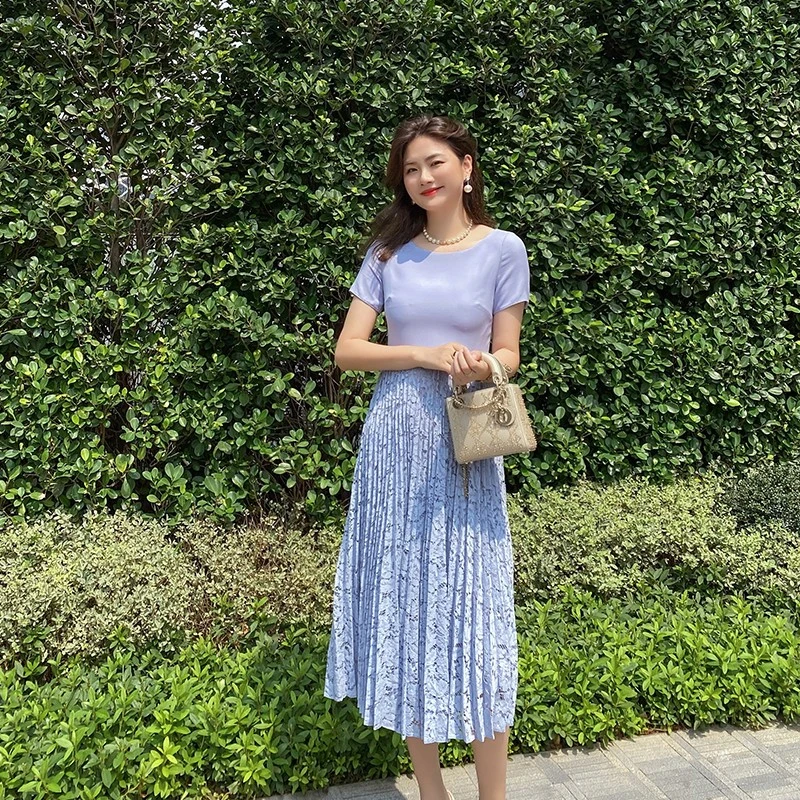 琳媚 早秋新款高雅气质短袖丝毛拼接蕾丝连衣裙~高端显瘦百褶裙子