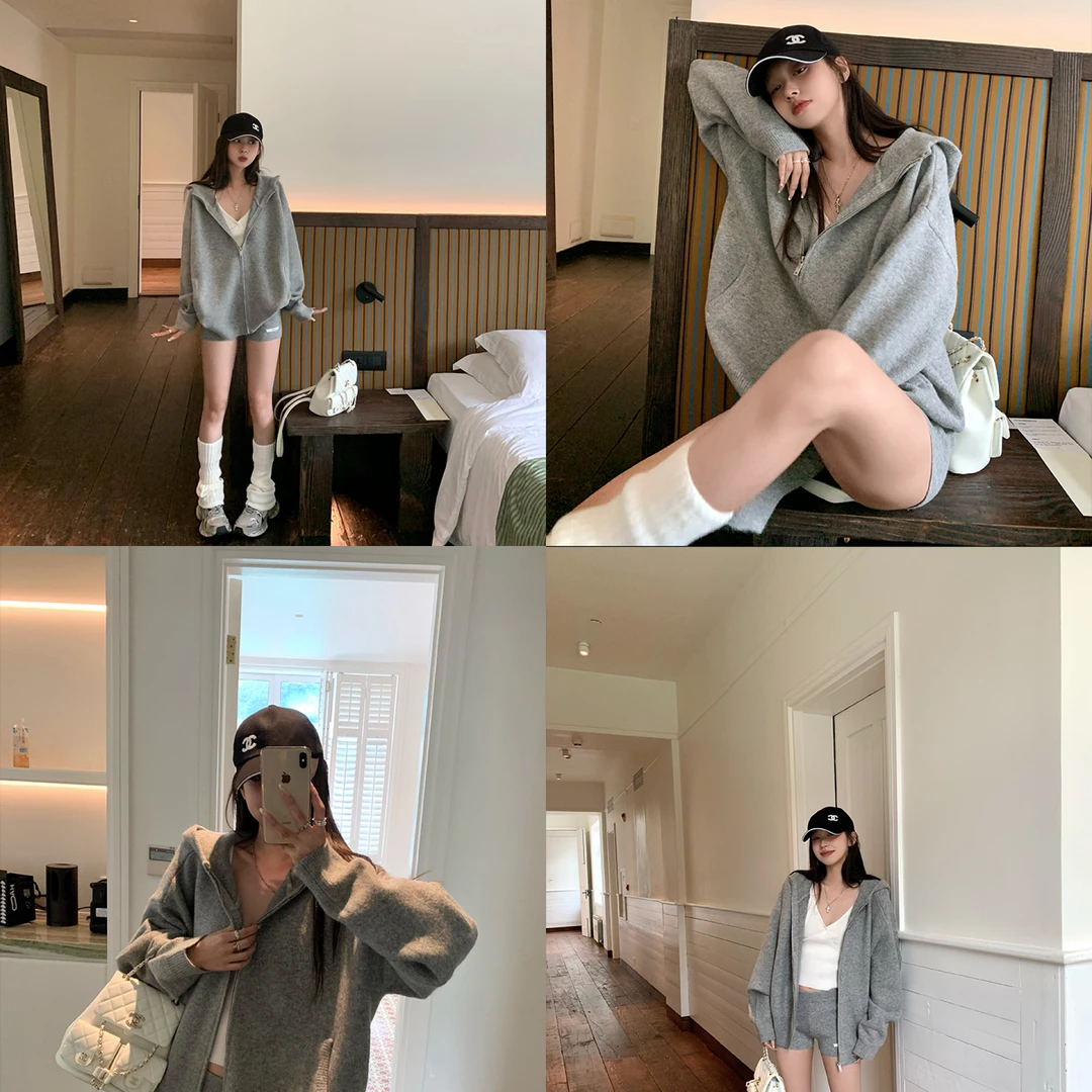 灰色连帽毛衣女秋韩系慵懒双拉链针织