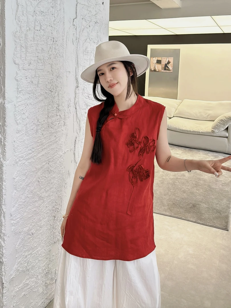 67131花朵无袖常规款夏季立领常规背心斜襟短袖纯欲辣妹风