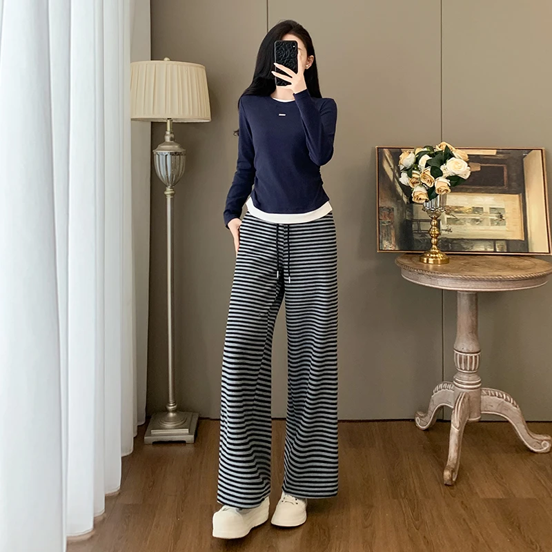 2025秋季新款时尚套装女圆领宽松长袖上衣高腰显瘦阔腿裤两件套潮