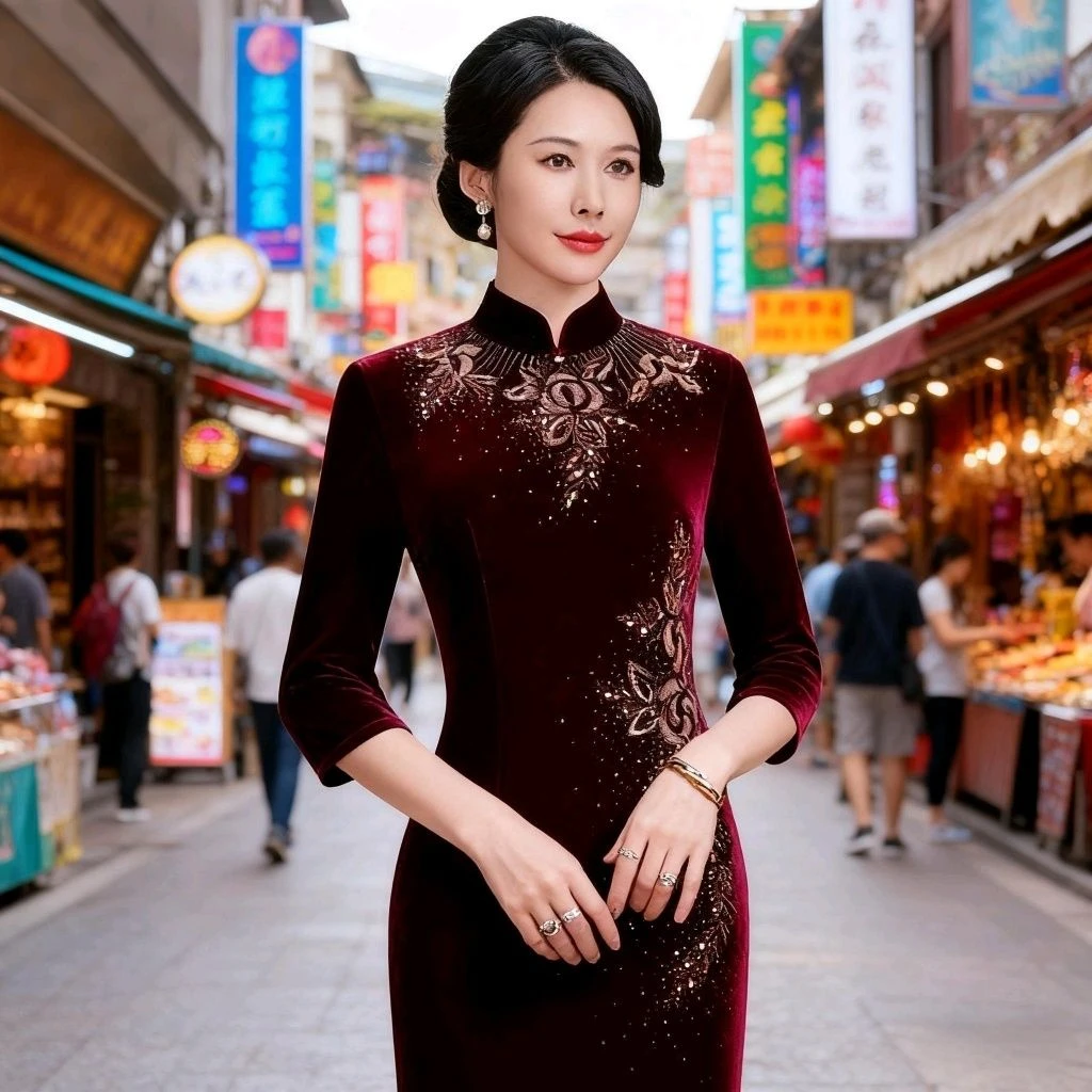 秋冬新款修身改良丝绒旗袍女喜婆婆喜妈妈敬酒服长款中老年妈妈装