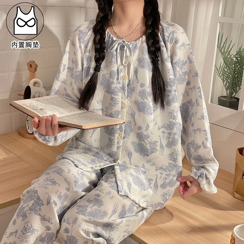 【轻薄皱皱棉纱-带胸垫】月子服春夏季薄款产后喂奶哺乳期孕妇睡衣