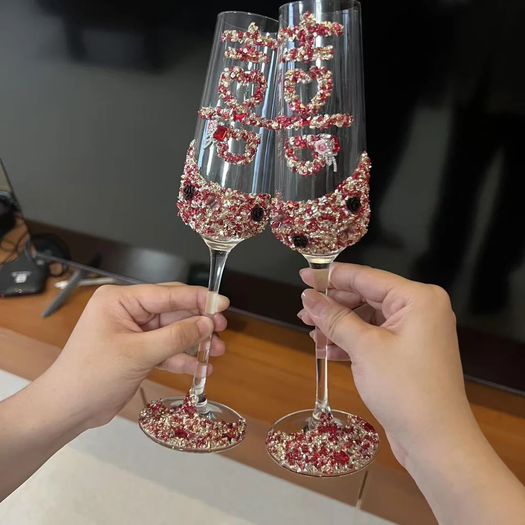 新人婚礼敬酒杯香槟高脚杯一对自制碎钻diy材料包成品创意礼品