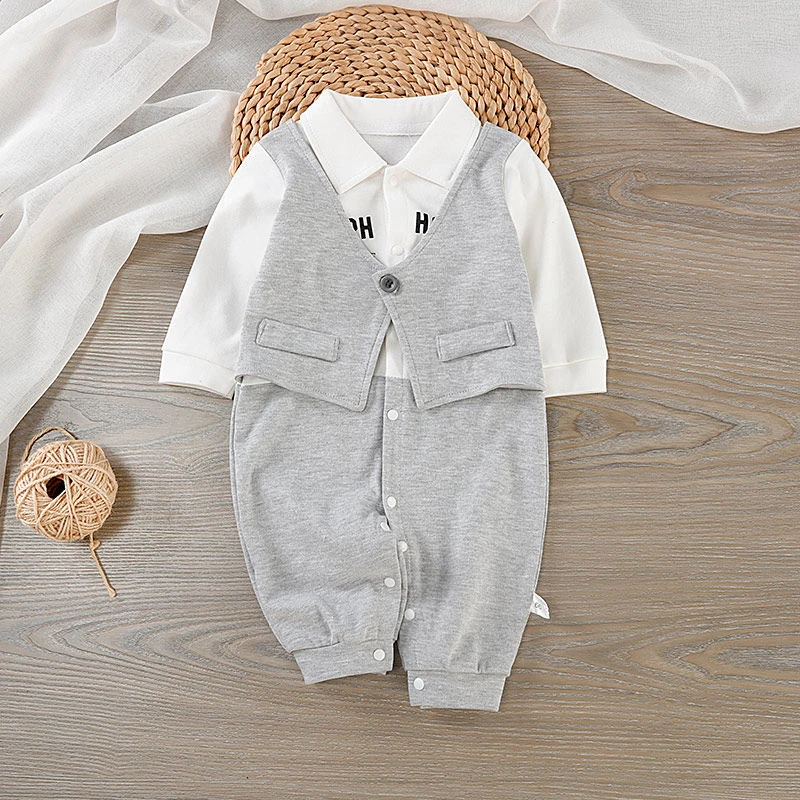 春秋洋气绅士婴儿连体衣哈衣宝宝爬服秋装衣服时尚假两件哈衣