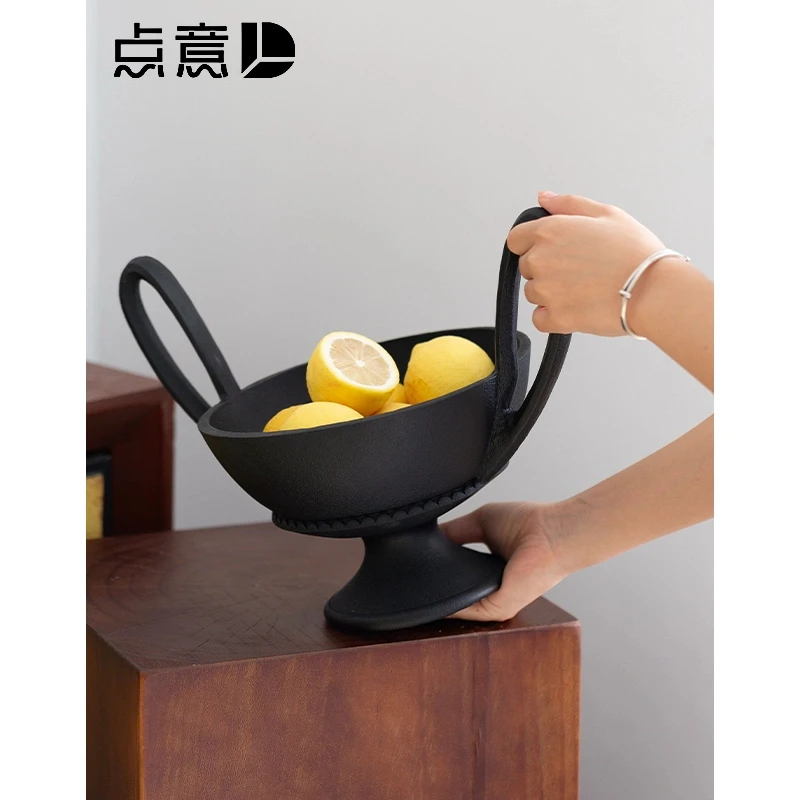 【嘉嘉专属】中古双耳高脚果盘黑色米色水果盘法式复古摆件客厅茶几