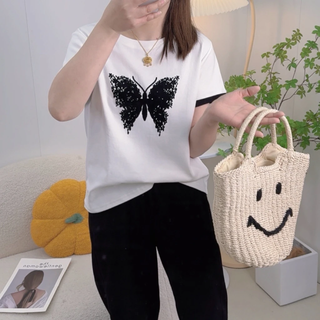 短袖蝴蝶植绒2025年夏季双面棉T恤韩版白色减龄洋气气质圆领上衣