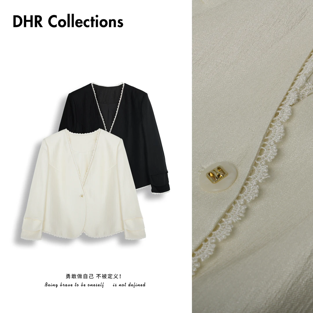DHR COLLECTTIONS豆豆 春夏蕾丝V领西装西服短外套女上衣-D8026