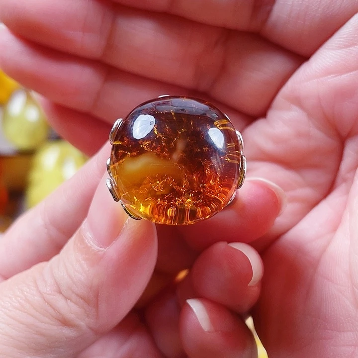 琥珀银S925镶嵌裸石戒指