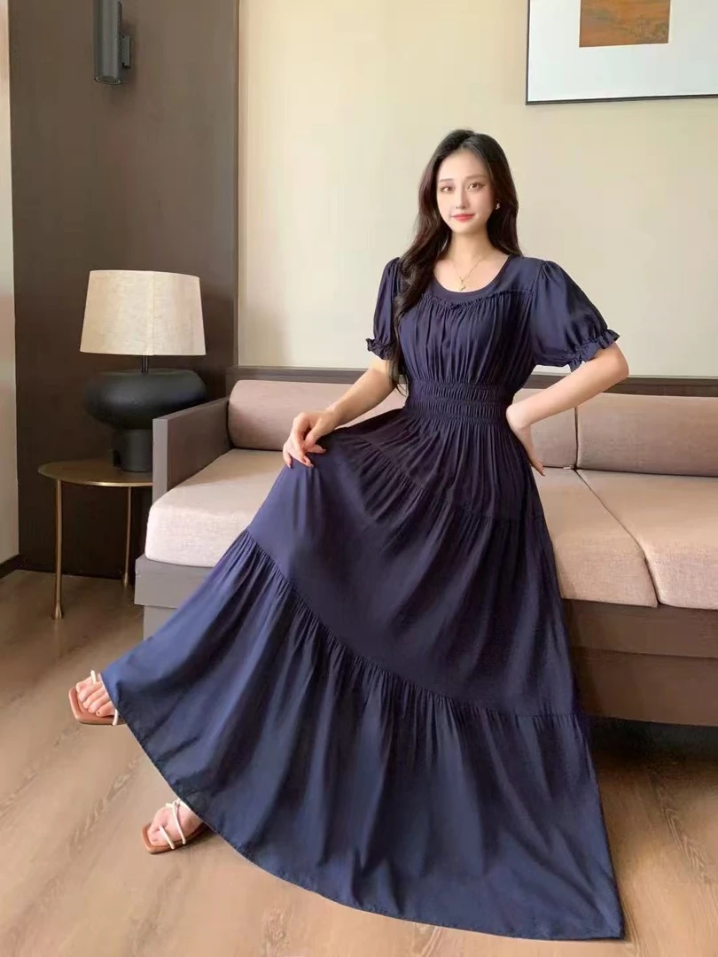 夏季碎花长裙纯色腰侧抽绳连衣裙宽松夏装痞帅宫廷风（606）