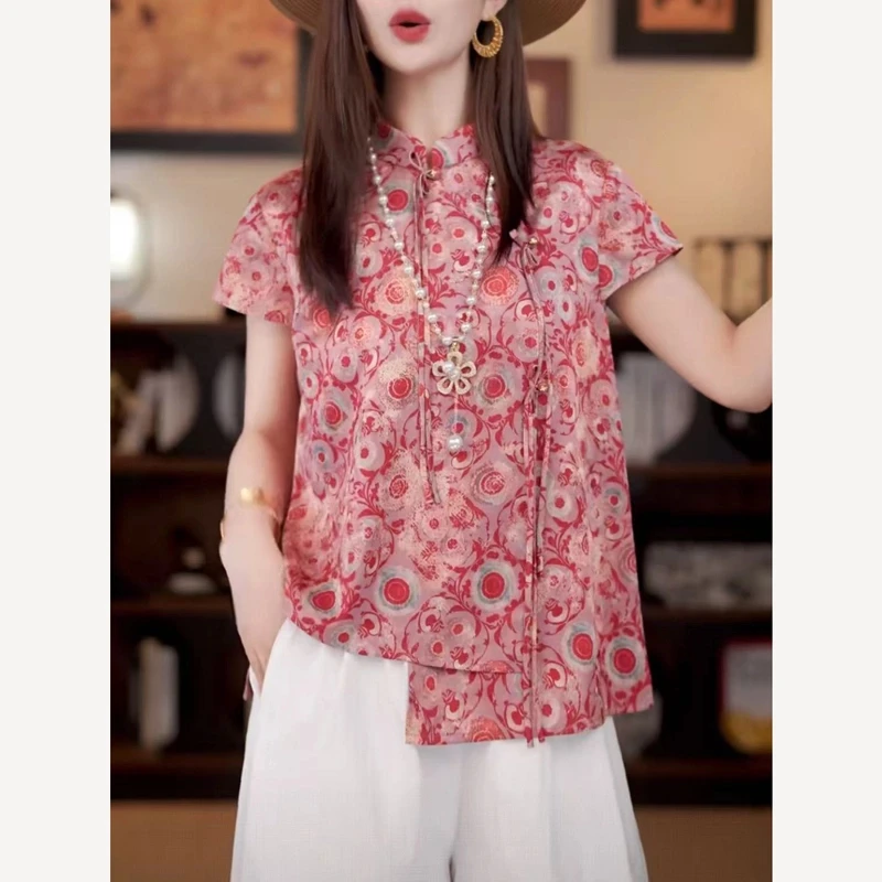 【嫣红】新中式国风立领斜开襟三盘扣长流苏气质提花上衣复古洋气