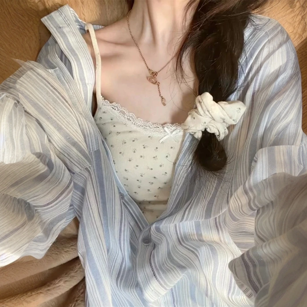 大码夏季新款日系复古纹格POLO领长袖衬衫女宽松慵懒风防晒衫上衣