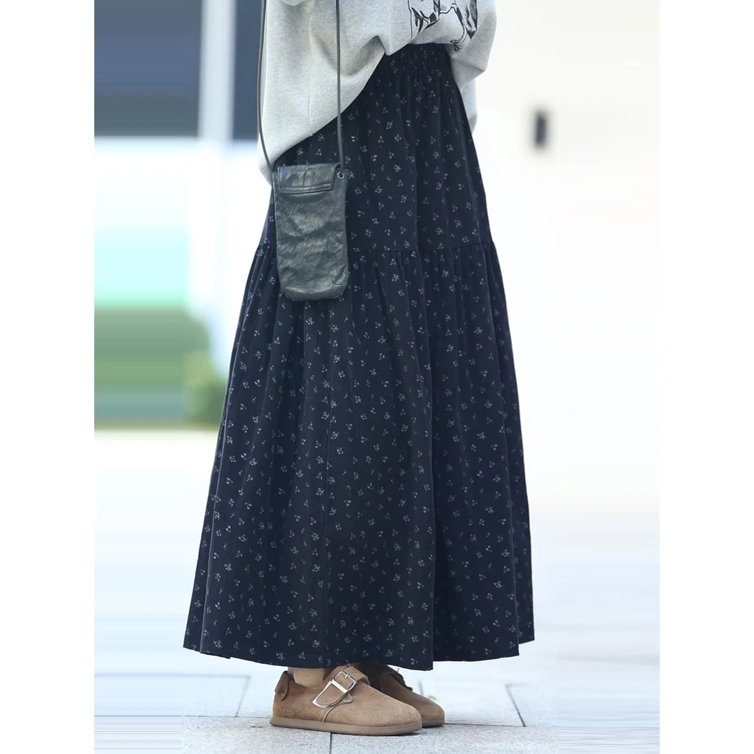 2025春秋黑色波点蛋糕半身裙超长款过膝高腰显瘦垂感休闲a字中长