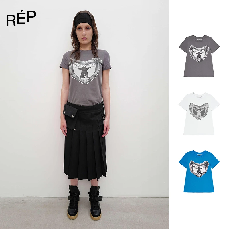 OPEN YY设计师炭灰/蓝/白色涂鸦爱心印花短袖T25PS TheREPUBLIQUE